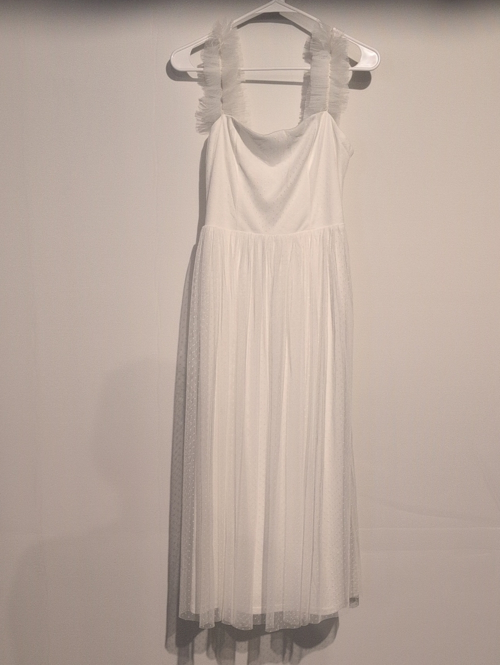 Lulu's White Tulle Midi Dress with Ruffle Straps